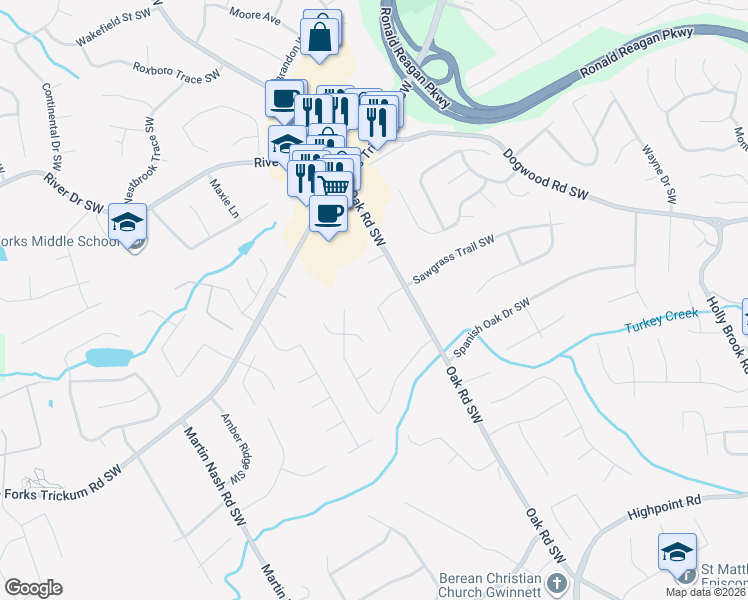 map of restaurants, bars, coffee shops, grocery stores, and more near 3035 Sawgrass Trail Southwest in Lilburn
