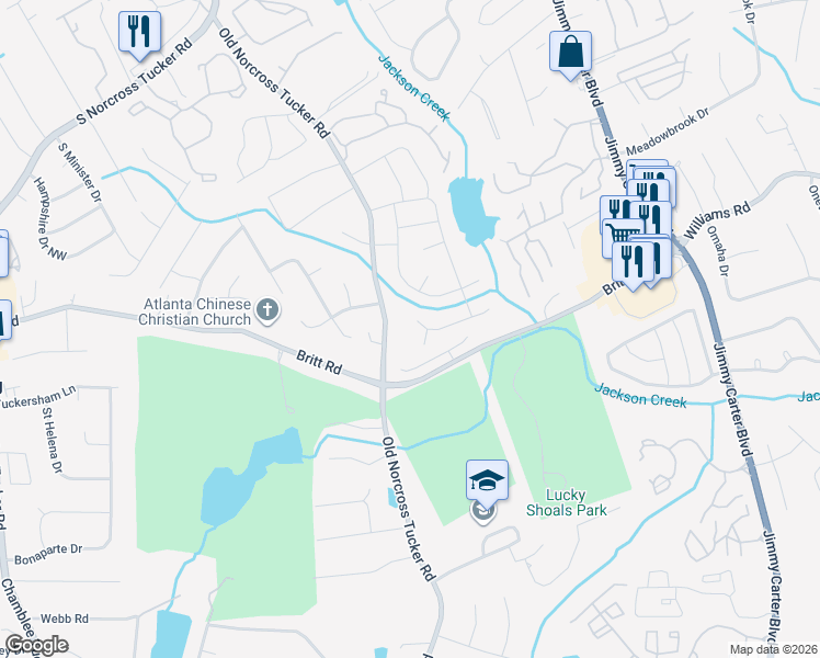 map of restaurants, bars, coffee shops, grocery stores, and more near 6564 Parkside Way in Tucker
