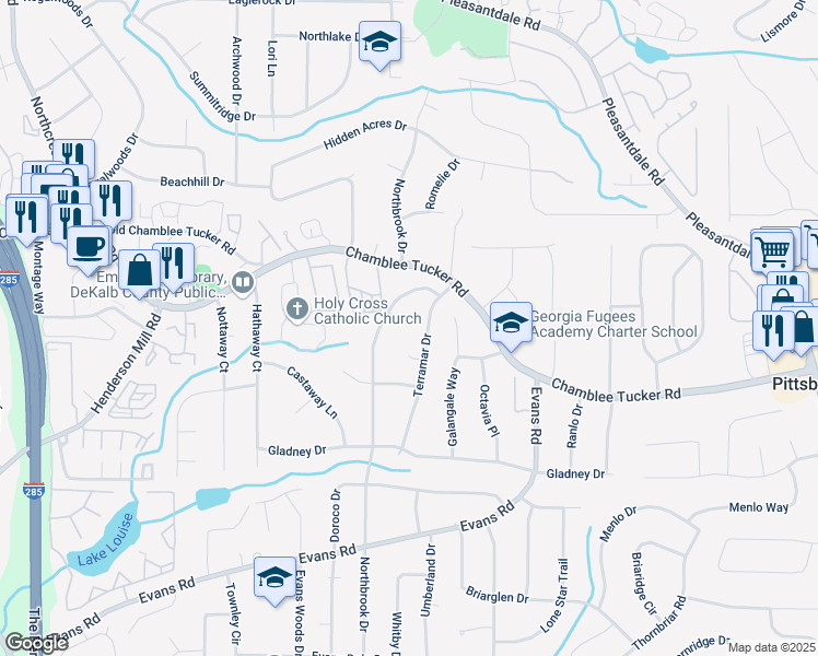 map of restaurants, bars, coffee shops, grocery stores, and more near 3736 Bloxham Court in Atlanta