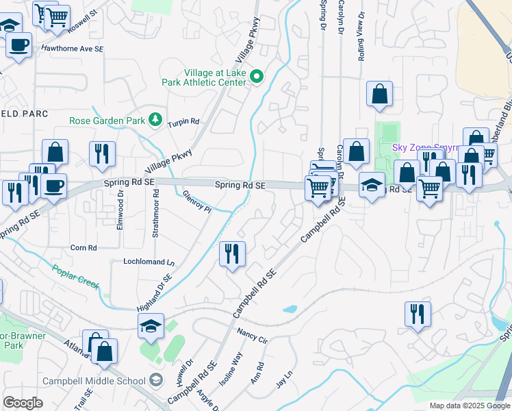 map of restaurants, bars, coffee shops, grocery stores, and more near 401 Countryside Place in Smyrna