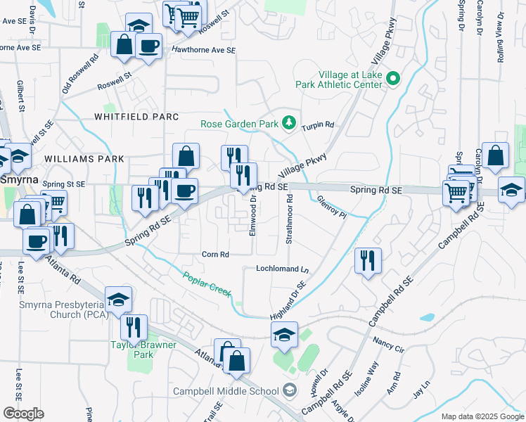 map of restaurants, bars, coffee shops, grocery stores, and more near 3028 Pruitt Lane in Smyrna