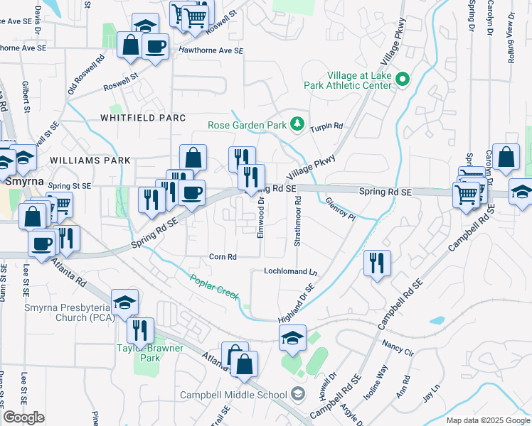 map of restaurants, bars, coffee shops, grocery stores, and more near 2893 Elmwood Drive in Smyrna