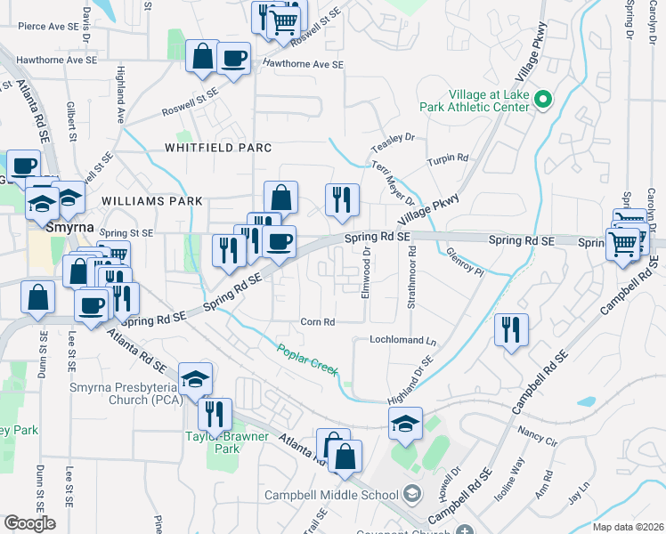 map of restaurants, bars, coffee shops, grocery stores, and more near 506 Spring Heights Lane in Smyrna