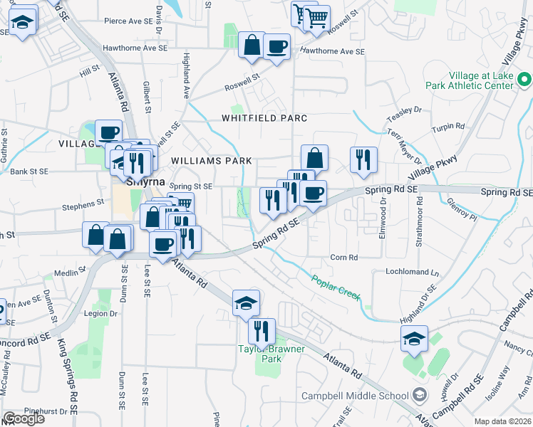 map of restaurants, bars, coffee shops, grocery stores, and more near 2910 Anderson Circle Southeast in Smyrna