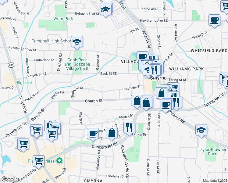 map of restaurants, bars, coffee shops, grocery stores, and more near 1130 Stephens Street in Smyrna