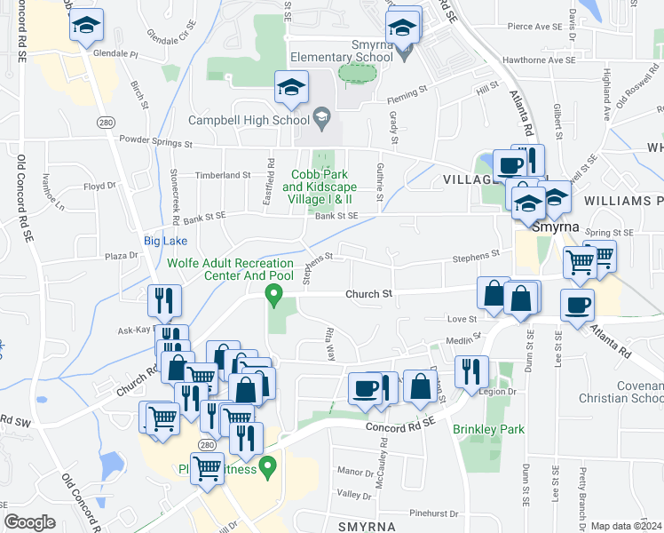 map of restaurants, bars, coffee shops, grocery stores, and more near 985 Church Street in Smyrna