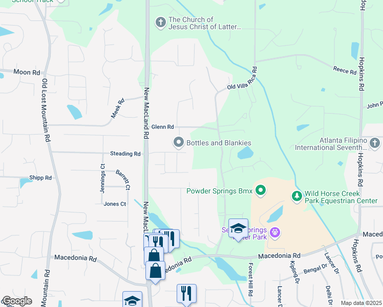 map of restaurants, bars, coffee shops, grocery stores, and more near 4083 Groveland Park Drive in Powder Springs