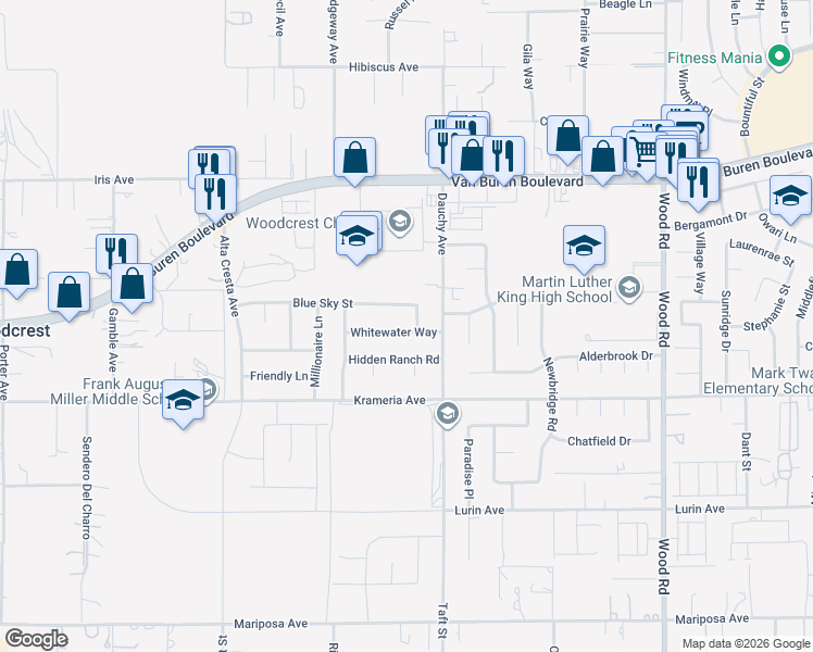 map of restaurants, bars, coffee shops, grocery stores, and more near 18418 Whitewater Way in Riverside