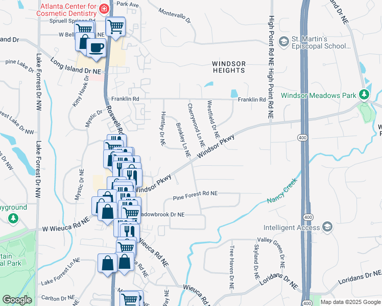 map of restaurants, bars, coffee shops, grocery stores, and more near 4686 Brinkley Lane Northeast in Atlanta