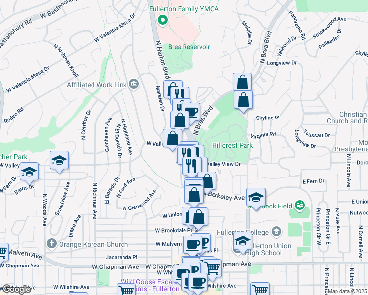 map of restaurants, bars, coffee shops, grocery stores, and more near 1235 North Harbor Boulevard in Fullerton