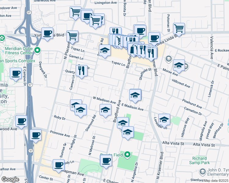 map of restaurants, bars, coffee shops, grocery stores, and more near 148 Tiger Lane in Placentia
