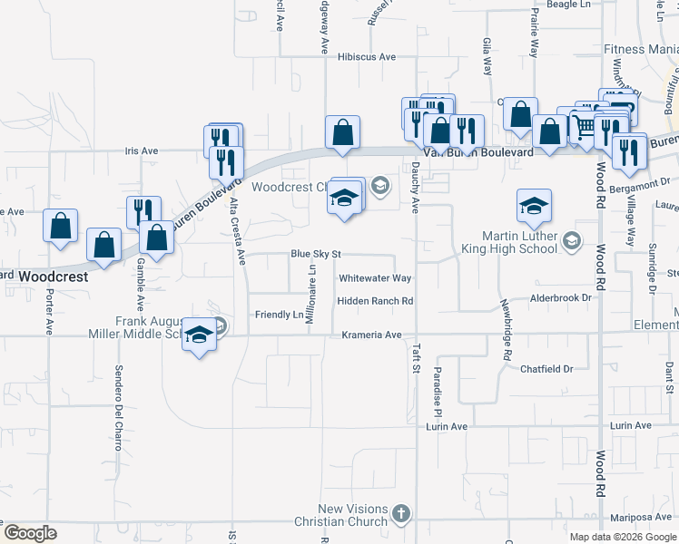 map of restaurants, bars, coffee shops, grocery stores, and more near 18304 Hidden Ranch Road in Riverside