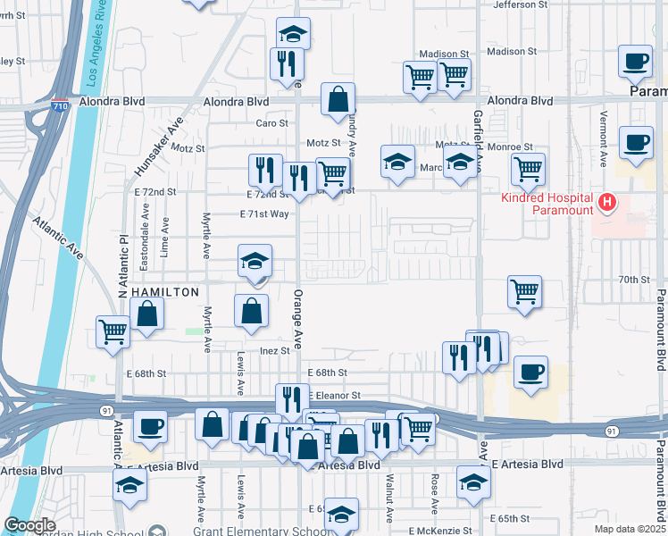 map of restaurants, bars, coffee shops, grocery stores, and more near 16710 Orange Avenue in Paramount