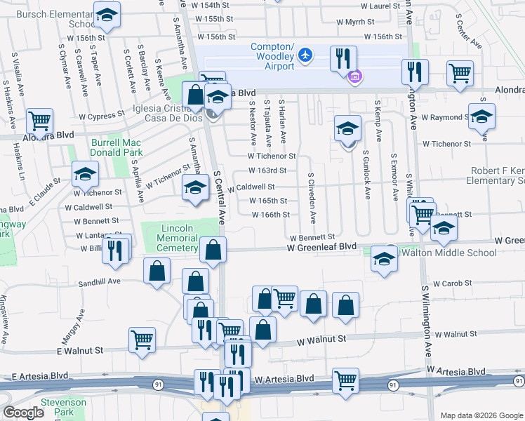 map of restaurants, bars, coffee shops, grocery stores, and more near 1609 West 166th Street in Compton