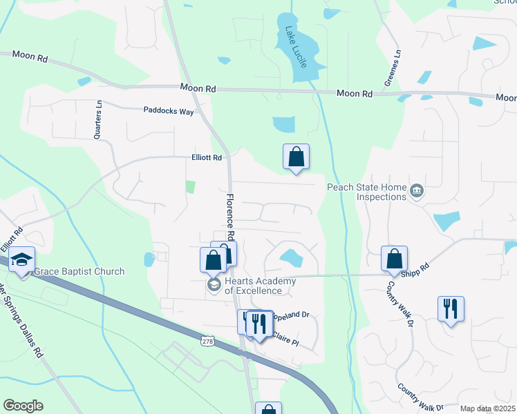 map of restaurants, bars, coffee shops, grocery stores, and more near 5053 Mickleton Way in Powder Springs