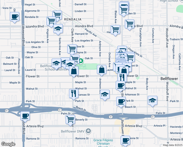 map of restaurants, bars, coffee shops, grocery stores, and more near 9531 Flower Street in Bellflower