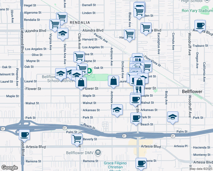 map of restaurants, bars, coffee shops, grocery stores, and more near 9553 Flower Street in Bellflower