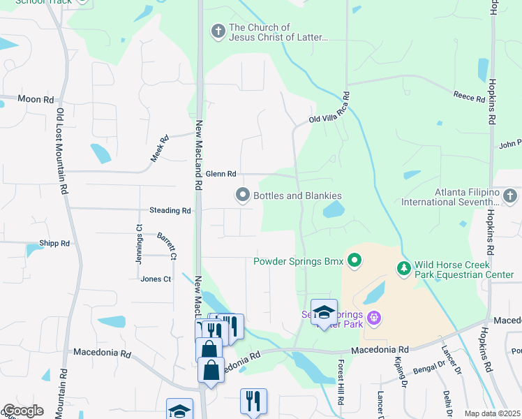 map of restaurants, bars, coffee shops, grocery stores, and more near 4083 Groveland Park Drive in Powder Springs