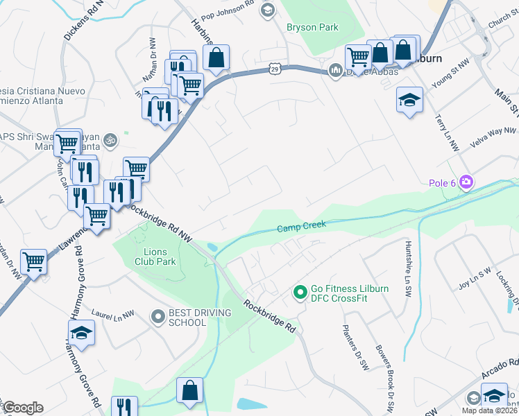 map of restaurants, bars, coffee shops, grocery stores, and more near 5145 Cobblestone Way Northwest in Lilburn