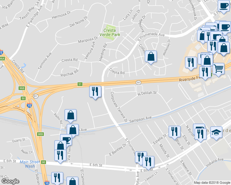 map of restaurants, bars, coffee shops, grocery stores, and more near Corporate Terrace in Corona