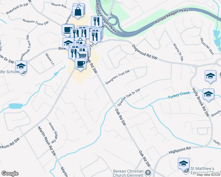 map of restaurants, bars, coffee shops, grocery stores, and more near 1071 Oak Road Southwest in Lilburn