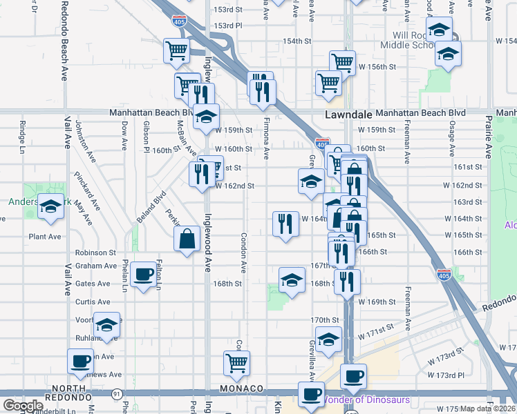 map of restaurants, bars, coffee shops, grocery stores, and more near 4614 West 163rd Street in Lawndale