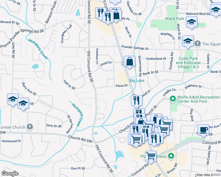 map of restaurants, bars, coffee shops, grocery stores, and more near 570 Plaza Drive Southeast in Smyrna