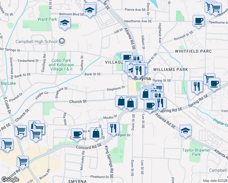 map of restaurants, bars, coffee shops, grocery stores, and more near 2924 Davis Street in Smyrna