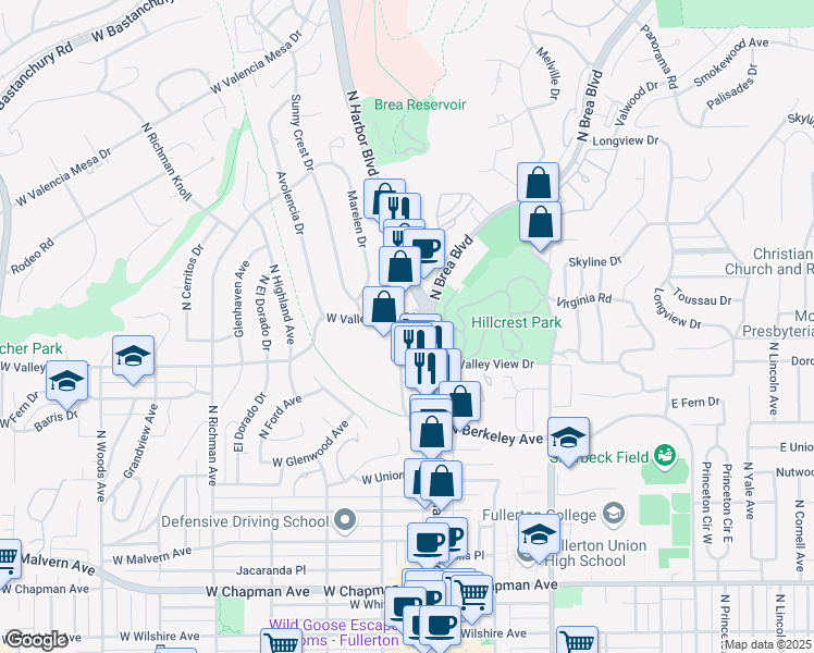 map of restaurants, bars, coffee shops, grocery stores, and more near 1235 North Harbor Boulevard in Fullerton