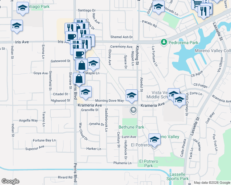 map of restaurants, bars, coffee shops, grocery stores, and more near 16435 Heather Glen Road in Moreno Valley