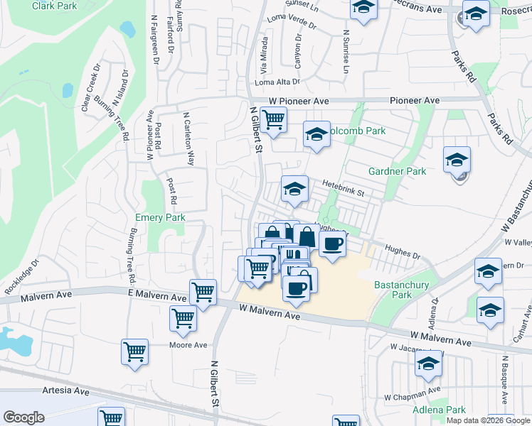 map of restaurants, bars, coffee shops, grocery stores, and more near 1108 Jewett Drive in Fullerton