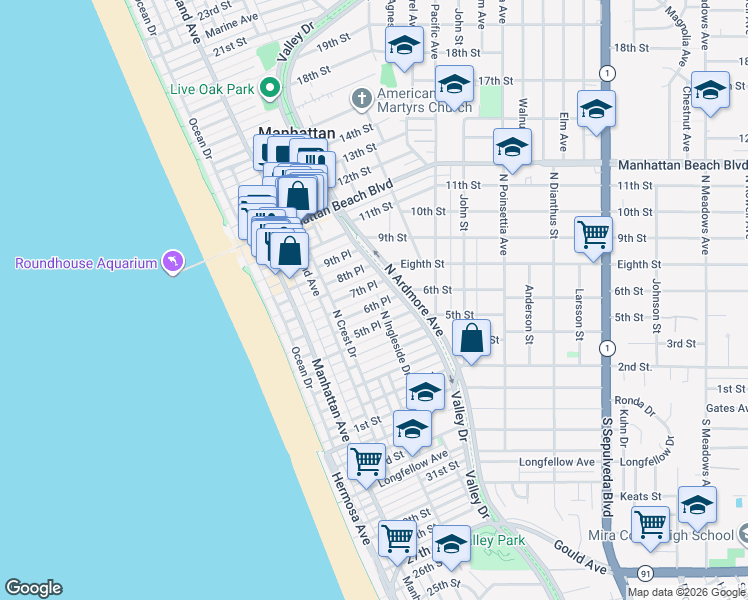 map of restaurants, bars, coffee shops, grocery stores, and more near 436 7th Street in Manhattan Beach