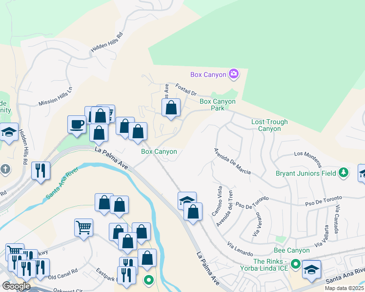 map of restaurants, bars, coffee shops, grocery stores, and more near 5470 Copper Canyon Road in Yorba Linda