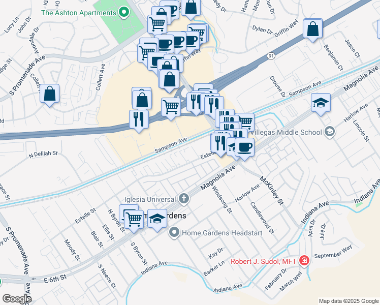 map of restaurants, bars, coffee shops, grocery stores, and more near 13415 Estelle Street in Corona