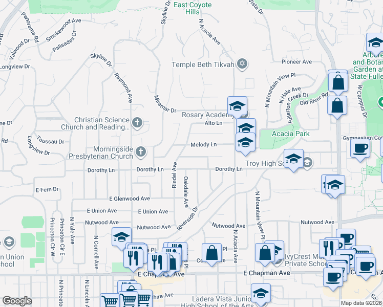 map of restaurants, bars, coffee shops, grocery stores, and more near 1500 Harmony Lane in Fullerton