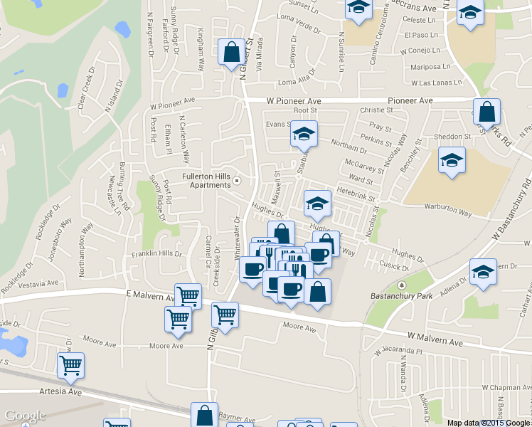 map of restaurants, bars, coffee shops, grocery stores, and more near 1134 Elfstrom Drive in Fullerton