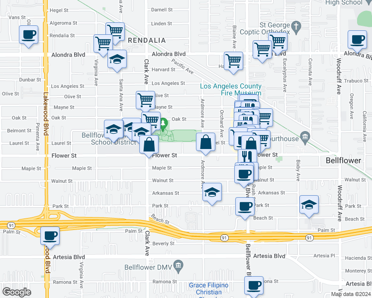 map of restaurants, bars, coffee shops, grocery stores, and more near 9526 Flower Street in Bellflower