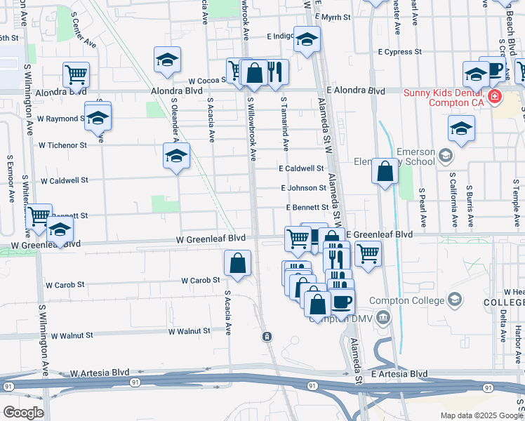 map of restaurants, bars, coffee shops, grocery stores, and more near 1513 South Bentley Avenue in Compton