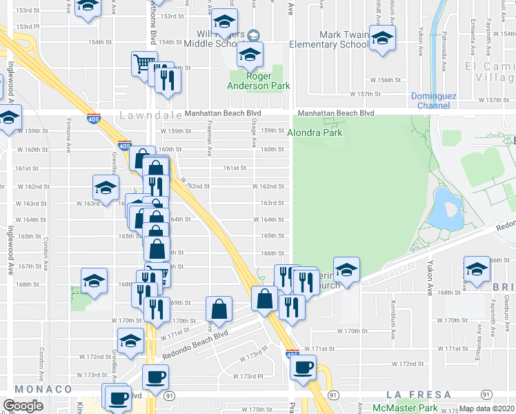 map of restaurants, bars, coffee shops, grocery stores, and more near 4049 West 164th Street in Lawndale
