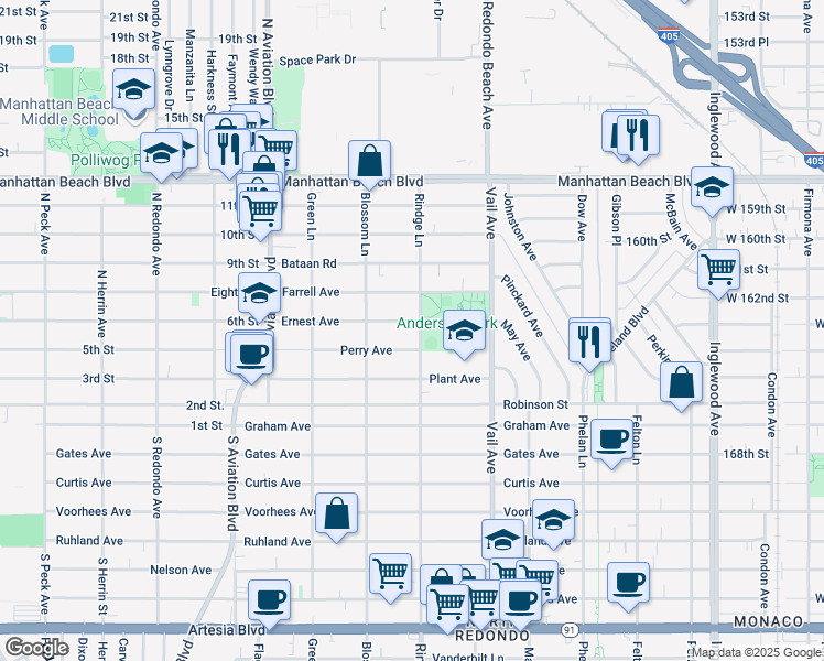 map of restaurants, bars, coffee shops, grocery stores, and more near 2123 Perry Avenue in Redondo Beach