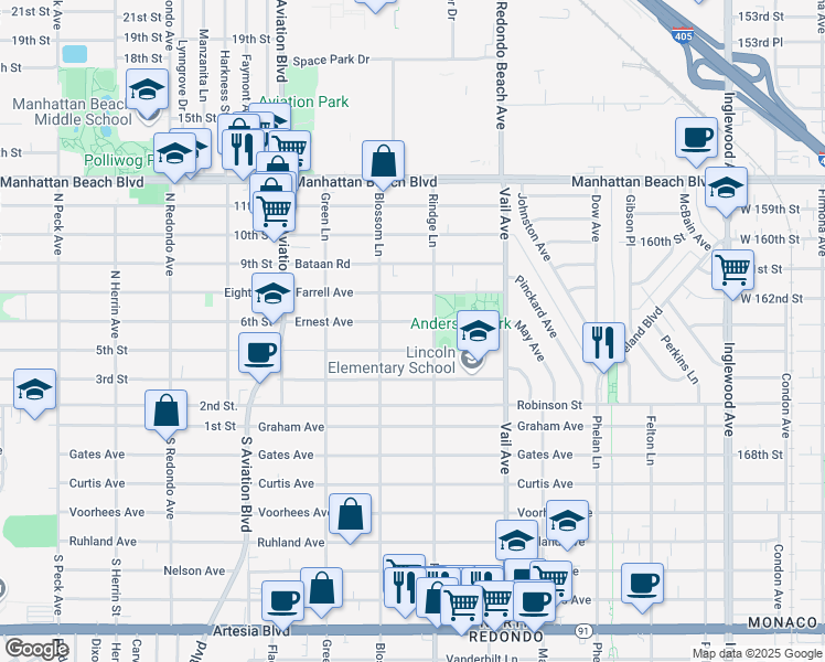 map of restaurants, bars, coffee shops, grocery stores, and more near 2109 Perry Avenue in Redondo Beach
