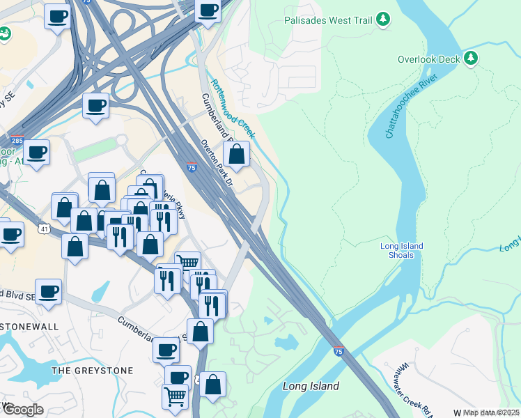 map of restaurants, bars, coffee shops, grocery stores, and more near 384 Cumberland Boulevard Southeast in Atlanta