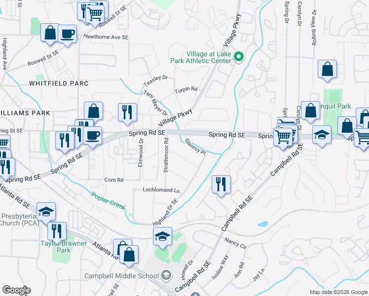 map of restaurants, bars, coffee shops, grocery stores, and more near 1958 Inverness Road in Smyrna