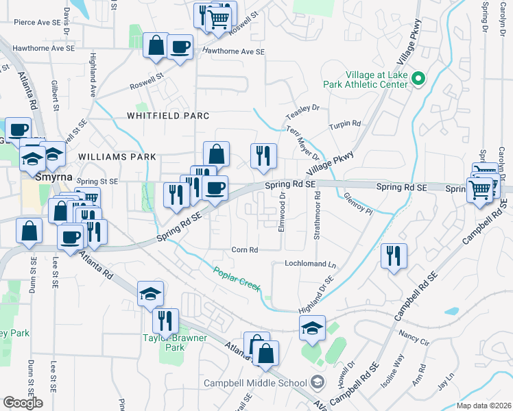 map of restaurants, bars, coffee shops, grocery stores, and more near 506 Spring Heights Lane in Smyrna