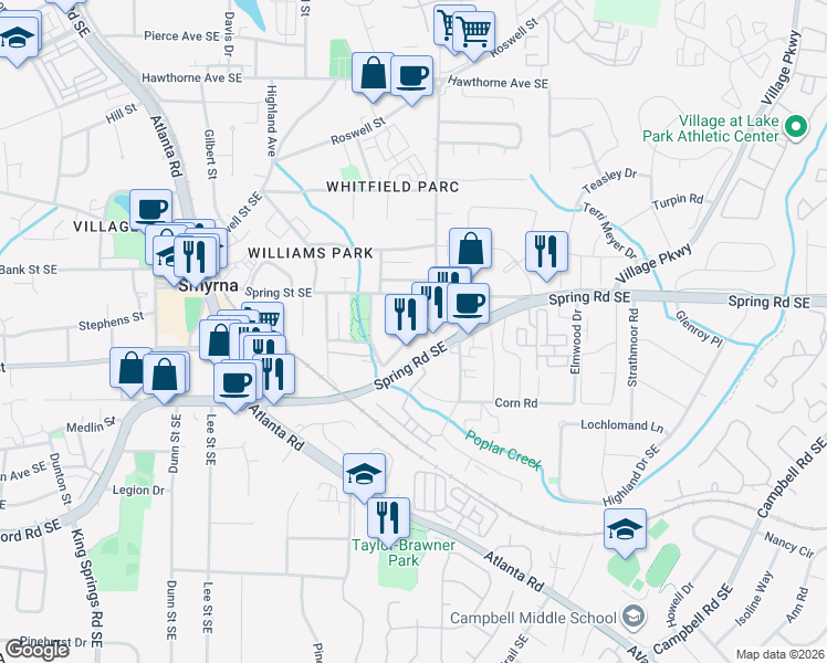 map of restaurants, bars, coffee shops, grocery stores, and more near 2895 Anderson Circle Southeast in Smyrna