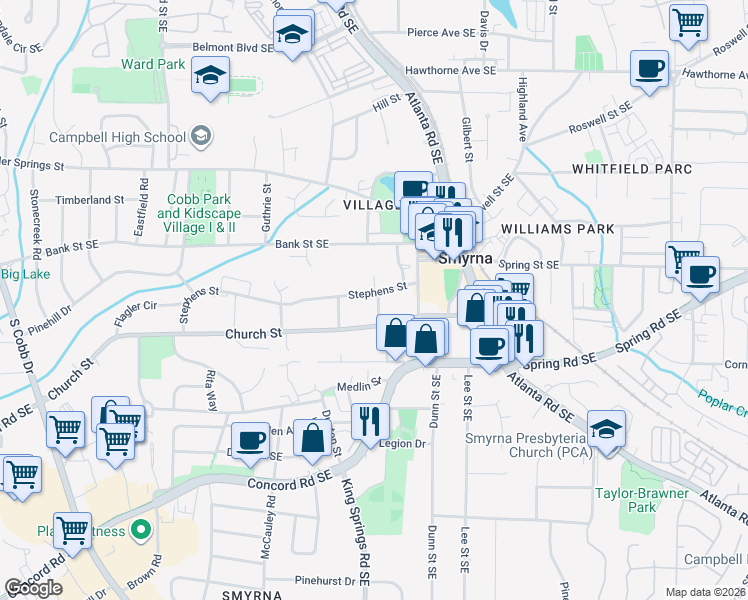 map of restaurants, bars, coffee shops, grocery stores, and more near 2924 Davis Street in Smyrna