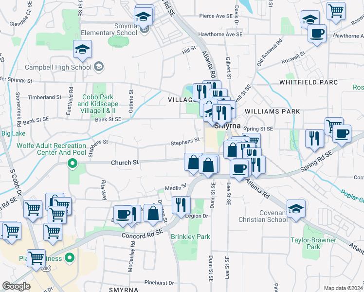 map of restaurants, bars, coffee shops, grocery stores, and more near 2924 Davis Street in Smyrna