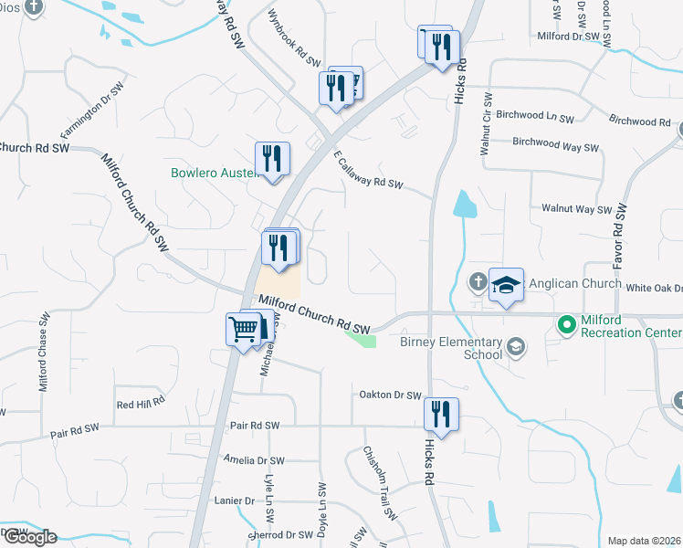 map of restaurants, bars, coffee shops, grocery stores, and more near 1025 Hicksmil Drive Southwest in Marietta