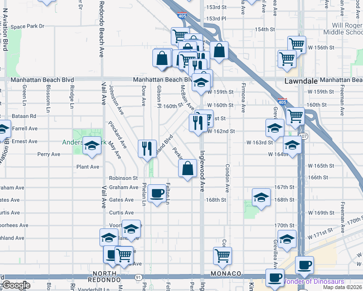map of restaurants, bars, coffee shops, grocery stores, and more near 2914 Perkins Lane in Redondo Beach