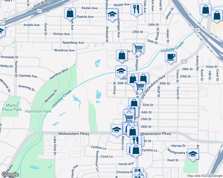 map of restaurants, bars, coffee shops, grocery stores, and more near 1617 31st Street in Wichita Falls